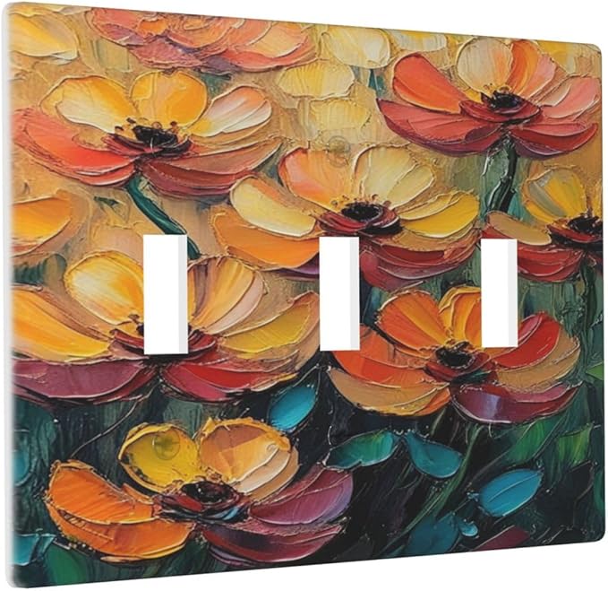 Decorative Art Light Switch Covers Color Flower Blaze 3 Gang Triple Toggle Wall Plate Decorative Switch plate Electrical Faceplate for Home Decor