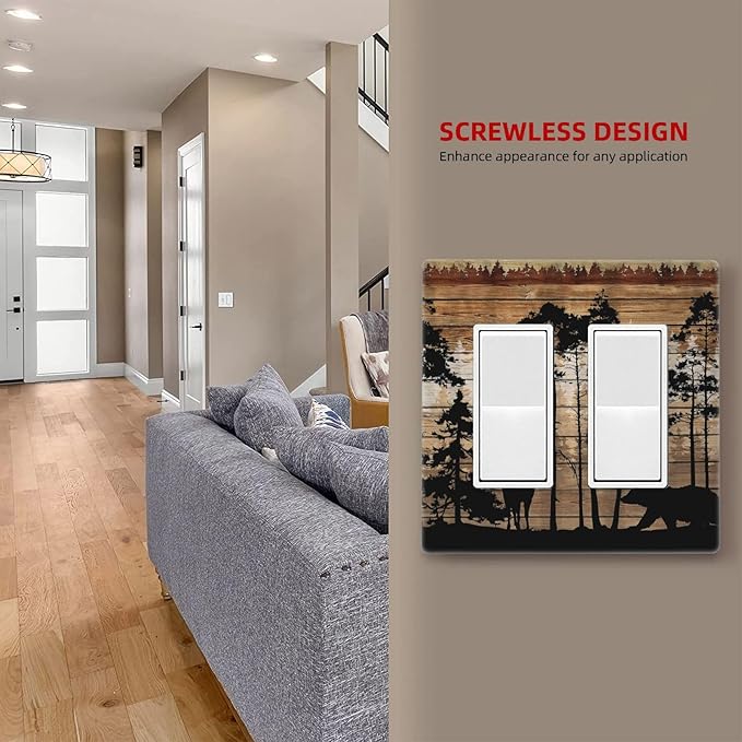 Hunting Forest Deer Bear 2 Gang Double GFCI Rocker Rocker/Decorator Light Switch Cover Decorative Outlet Wall Plate Electrical Faceplate Screwless
