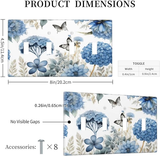 Blue Floral Hydrangea Floral Butterfly Flower Plant Light Switch Covers Quad Toggle Electrical Faceplate 4 Gang Wall Plate Decorative Switch Plates Cover for Bedroom Living Room Decor