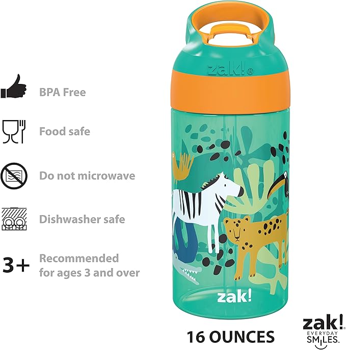 Zak Designs 16oz Riverside Kids Water Bottle with Spout Cover and Built-in Carrying Loop, Made of Durable Plastic, Leak-Proof Water Bottle Design for Travel (Dino Camo & Safari, Pack of 2)