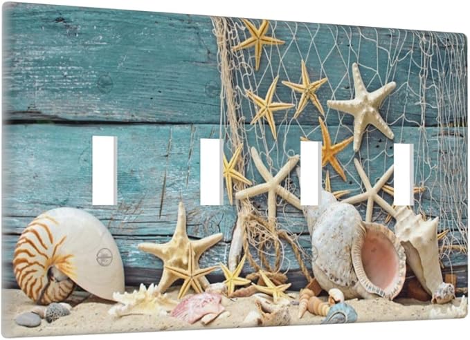Nautical Beach Starfish Teal Wood 4 Gang Device Light Switch Cover Decorative Quad Toggle Wall Plate Decorative Electrical Faceplate for Home Bedroom Art Decorate