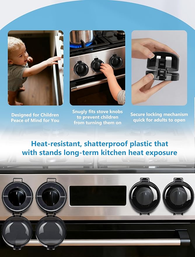Stove Knob Safety Covers, 6 Pack Universal Gas Stove Knob Covers, Heat-Resistant Baby Proof Stove Knob Covers, Gas Stove Knob Locks for Child Safety and Pet (Black)