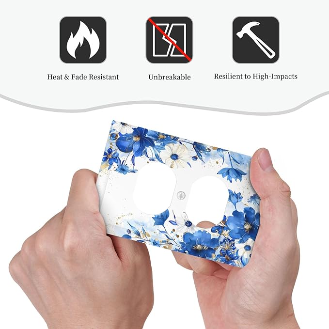 Klein Blue Flowers Watercolor Golden White Floral Outlet Covers 1 Gang Duplex Light Switch Cover Decorative Switch Plates Electrical Receptacle Faceplate Wall Plate for Bedroom Living Room Decor