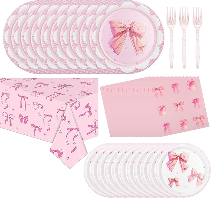 Pink Bow Party Plates and Napkins Supplies - 25 Disposable Plates, 25 Dessert Plates, 25 Napkins, 25 Forks & 1 Tablecloth for Birthday, Baby Shower, Bridal Shower