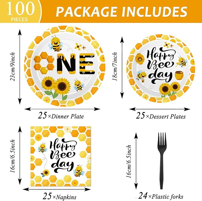 Qyeahkj 100 Pcs Bee 1st Birthday Party Supplies Paper Plates and Napkins Set Disposable Bee First Birthday Tableware Decorations for Bees Theme Baby Shower Serves 25