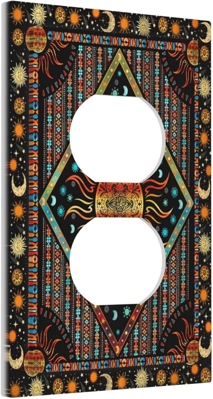 Outlet Covers Boho Burning Sun Hippie Retro Bohemian Gypsy 1 Gang Duplex Light Switch Cover Plate Decorative Wall Plates Electrical Switchplate Receptacle Cover for Bathroom Home Decor