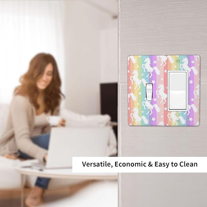 Purple Pink Girly Kid Girl Cute Colorful Rainbow Unicorn Decorative Single Toggle/Rocker Combo Light Switch Cover 2-Gang Electrical Wall Plate Double Combination Switch Decorator GFCI Receptacle Cover