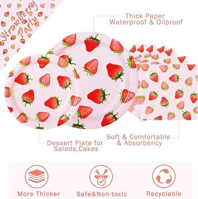 Strawberry Party Tableware Set,Strawberry Birthday Decoration,Summer Fruit Party Supplies Paper Plates Napkins Tablecloth for 25 Guests Great for Birthday Summer Fruit 1st