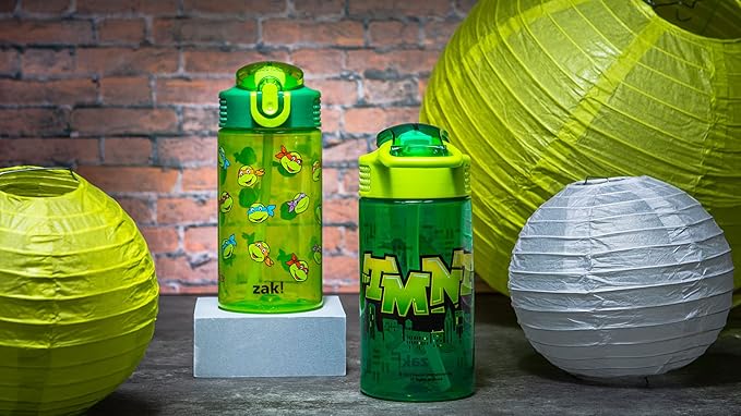 Zak Designs Teenage Mutant Ninja Turtles Kids Water Bottle For School or Travel, 16oz 2-Pack Durable Plastic Water Bottle With Straw, Handle, and Leak-Proof, Pop-Up Spout Cover (TMNT)