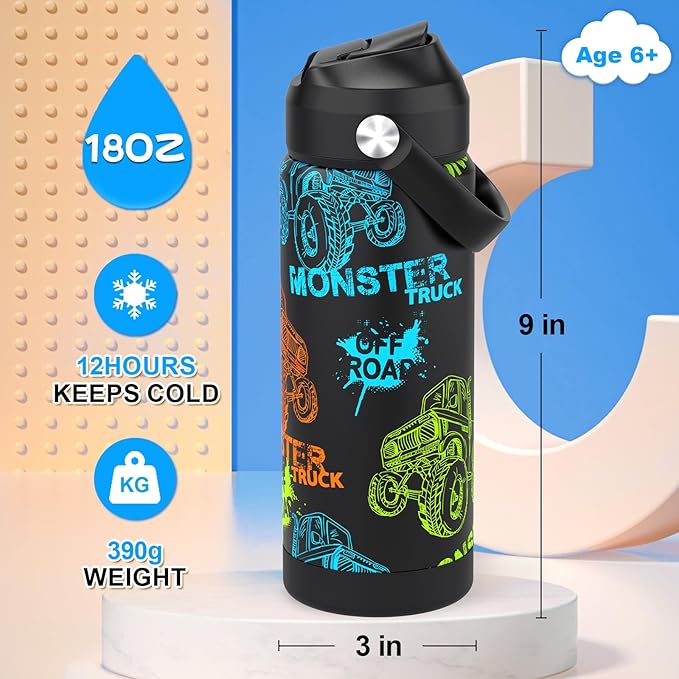 Monster Trucks Boys Water Bottle with Straw,18 oz Kids Insulated Cups with Stainless Steel Leak Proof for School,Sport&Travel