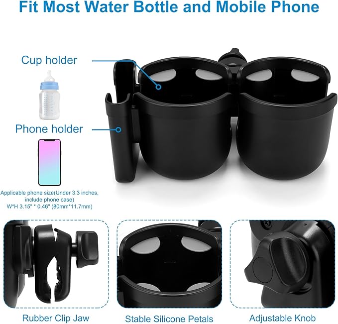Accmor Stroller Cup Holder with Phone Holder, Bike Cup Holder, Universal Cup Holder for Uppababy Nuna Doona Strollers, 2-in-1 Cup Phone Holder for Stroller Bike Accessory
