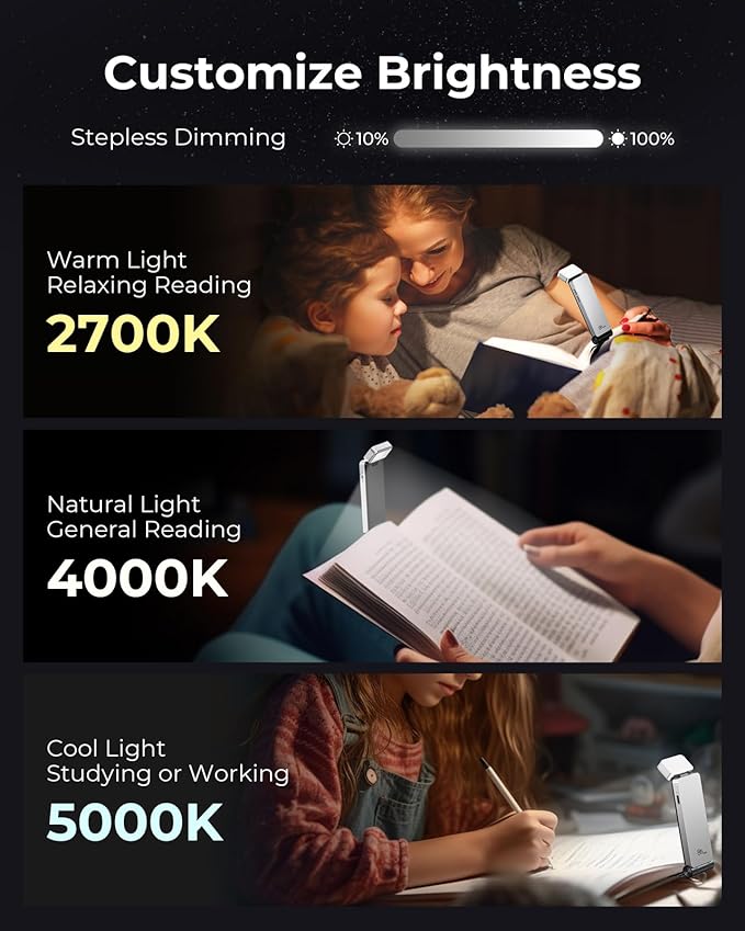 86lux Book Light, Rechargeable Clip-On LED Reading Light for Bed & Night Use - 3 Color Temperatures with Stepless Dimming, Ultralight Bookmark Design for Kids, Book Lovers, Silver