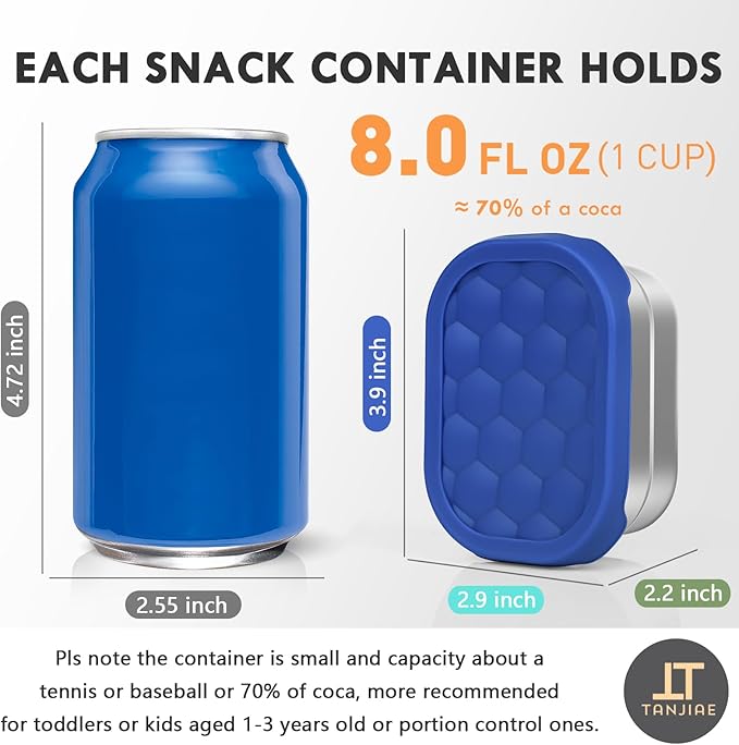 Tanjiae Small (1 CUP) Stainless Steel Snack Containers for Kids | Easy Open Leak Proof Food Containers with Silicone Lids - Perfect Metal Toddler Lunch Box for Daycare and School (8oz)