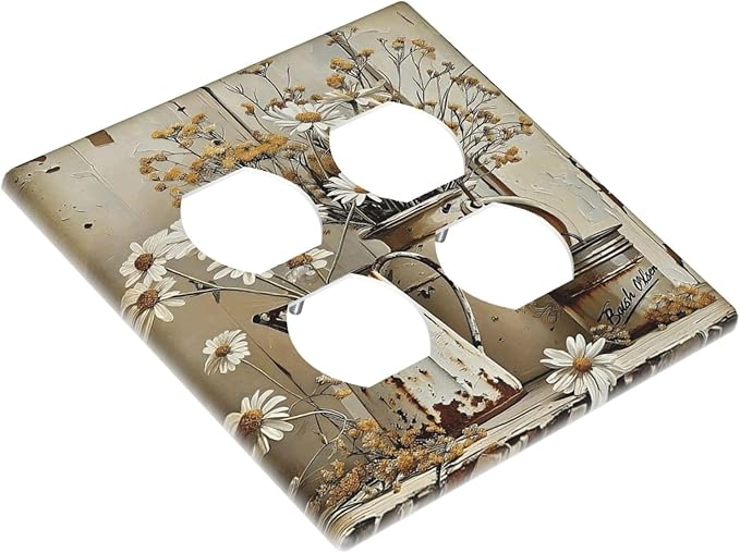 Rustic Flowers Daisy Floral White Wooden Planks Outlet Covers 2 Gang Double Duplex Decorative Light Switch Covers Electrical Wallplates Socket Faceplate for Farmhouse Home Decor