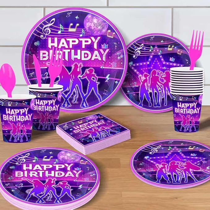 Kpop Music Themed Party Supplies for Fans Music Birthday Party,Kpop Girl Group Idol Celebration Decorations Disposable Tableware Set With Plates, Cups, Napkins & Cutlery for 24 Guests