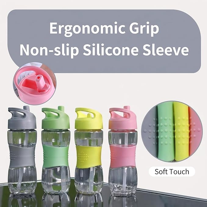 Sivaphe Clear Kids Water Bottle with Straw Cap 12 oz, Portable Leak-Proof Tritan Small Beverage Bottle 350 ml, Transparent Sports Drinking Bottle 350ml for School Girls Lightweight Pink