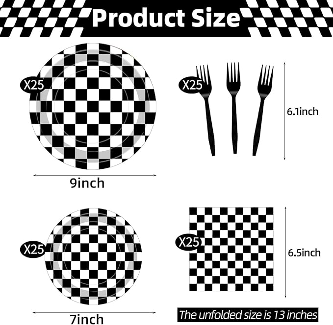 100 Pcs Racing Checkered Party Supplies Set, Serves 25 – Disposable Black and White Checkerboard Paper Plates, Napkins, and Forks, Race Car Themed Tableware for Birthday, and Racing Table Decorations