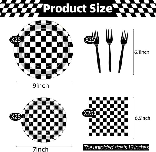 100 Pcs Racing Checkered Party Supplies Set, Serves 25 – Disposable Black and White Checkerboard Paper Plates, Napkins, and Forks, Race Car Themed Tableware for Birthday, and Racing Table Decorations