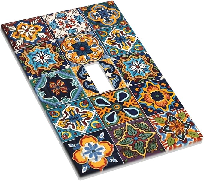 Mexican Talavera Tiles Floral Decorative Light Switch Cover 1 Gang Single Toggle Device Electrical Faceplate Switchplates Decorator Outlet Wall Plate for Bathroom Kitchen Decor