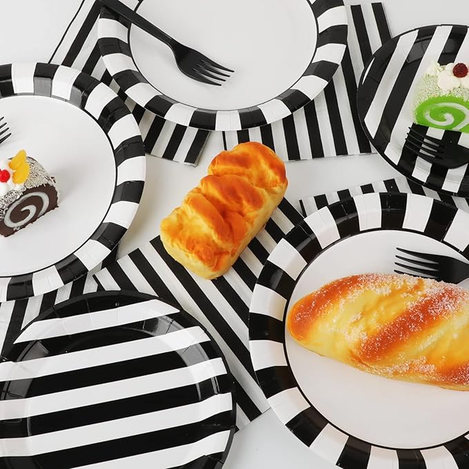 200pcs Black and White Party Plates Napkins Forks Striped Theme Party Tableware Set Black White Party Disposable Paper Dessert Dinnerware Kids Adults Wedding Party Baby Shower Decor Supplies Serves 50