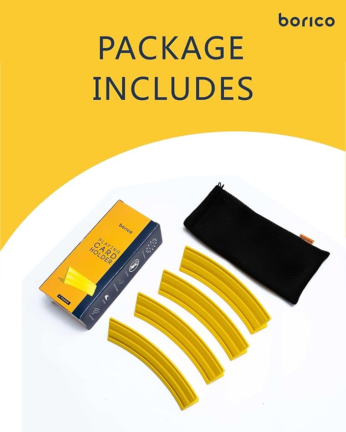 BORICO Card Holders for Playing Cards - 4 Pack Playing Card Holder for Kids and Adults,Stackable Storage Game Card Tray for Arthritis Patients with a Travel Pouch (Yellow)