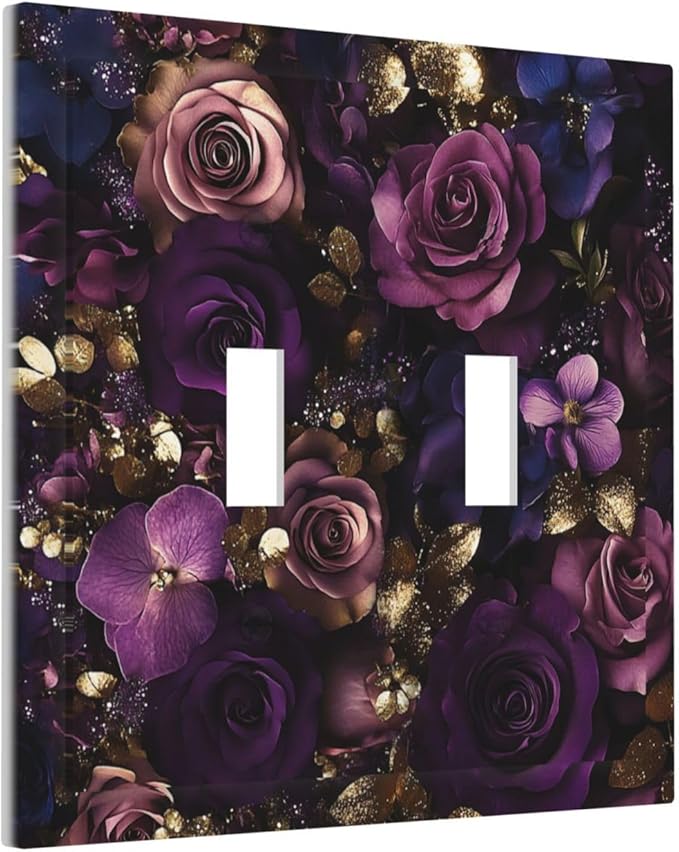 Decorative Switch Plate Cover with Luxurious Purple Roses Gold Accents Leaves Design 2 Gang Wall Plate Unique Double Toggle Double Light Switch Covers for Romantic Bedroom/Living Room Decor