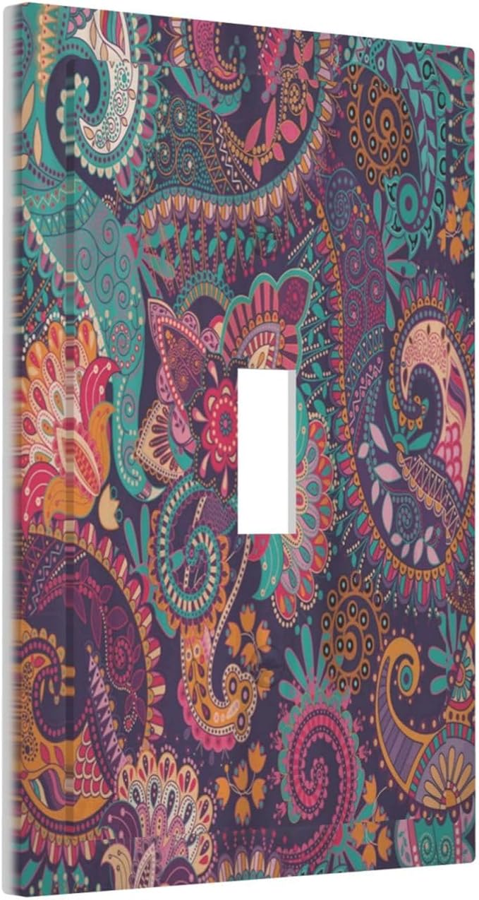 Mandala Boho Paisley Purple Floral Colorful Flower Decorative Light Switch Cover 1 Gang Single Toggle Device Electrical Faceplate Switchplates Decorator Outlet Wall Plate for Home Bedroom Decor