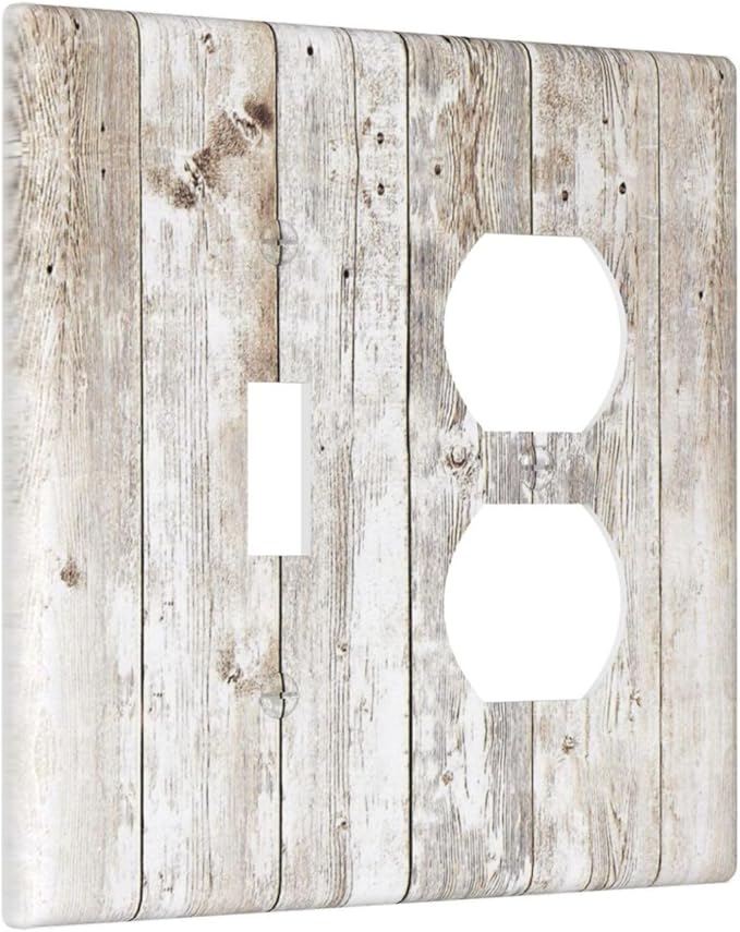 Vintage Light Wood Retro Rustic White Gray Oak Print Wallplates 1 Toggle 1 Duplex Switch Plate Electrical GFCI Faceplate Decorative Light Switch Covers for Farmhouse Home Decor