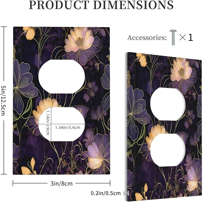 Modern Boho Vintage Gold Purple Dark Floral Modern Abstract Flowers Outlet Covers 1 Gang Duplex Electrical Receptacle Faceplate Light Switch Cover Wall Plate Decorative Switch Plates for Bedroom