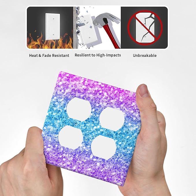 Light Switch Cover Plate Fantasy Colorful Glitter Blue Purple Gradient 2 Gang Socket Covers Double Duplex Wallplates Switch Plates and Outlet Covers for Kids Room Home Decor
