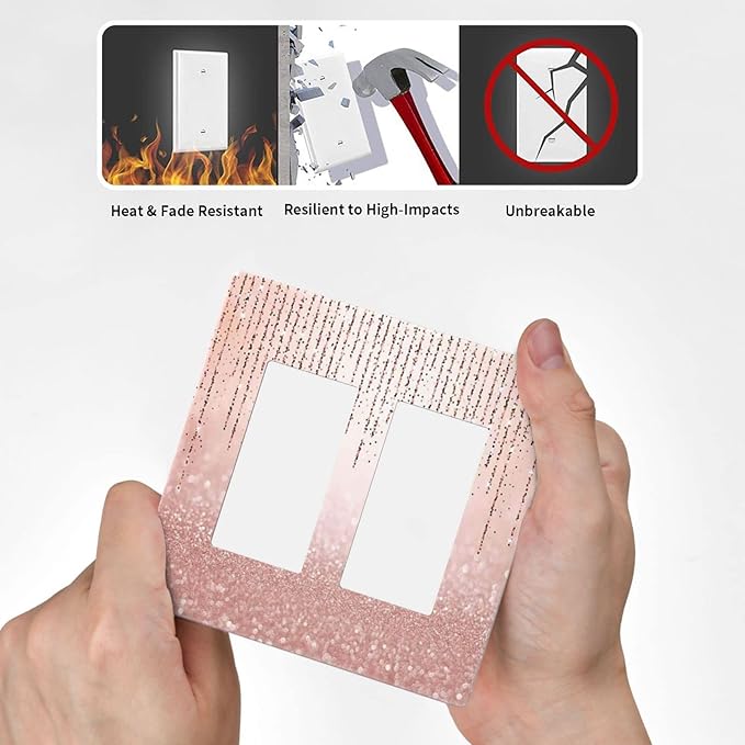 Pink Glittery Bling 2 Gang Double Rocker/Decor Light Switch Cover Decorative Outlet Wall Plate Electrical Faceplate Home Bedroom Art Panel Decor Screwless 4.7" x 4.6