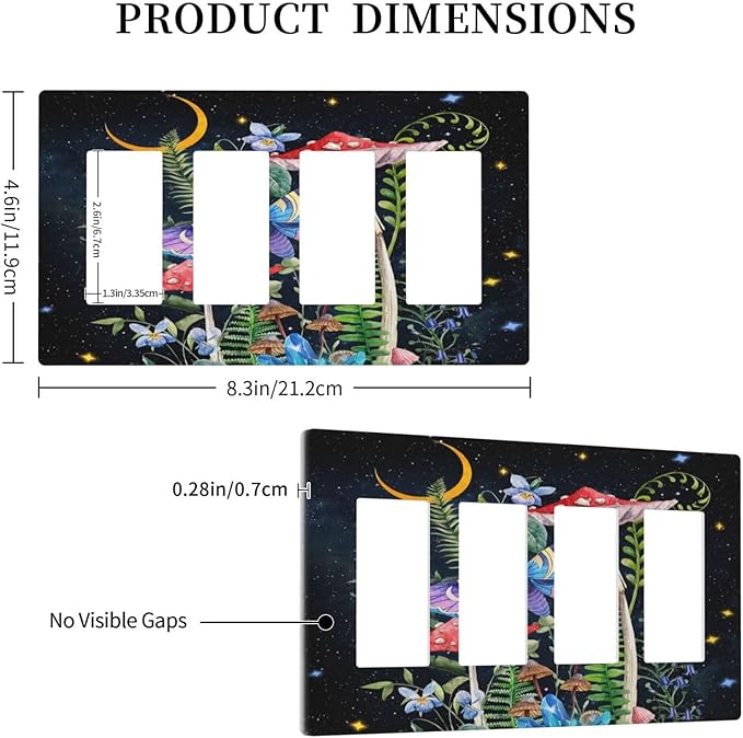 Witchy Hippie Bohemian Mushroom Boho Starry Moon Night Stars Butterfly Floral 4 Gang Quad Device Screwless Decorator GFCI/Rocker Wall Plate Light Switch Dimmer Receptacle Outlet Cover Standard Size