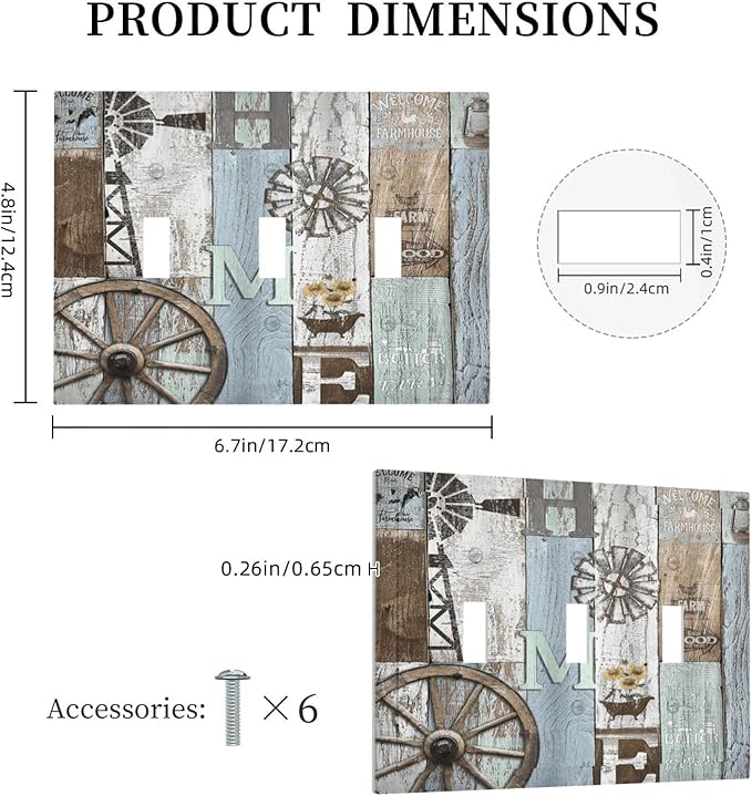 Rustic Western Barn Door Vintage Windmill Decorative Switch Plates 3 Gang Wall Plate Triple Toggle Light Switch Cover Faceplate Electrical Wall Panels for Farmhouse Home Decor