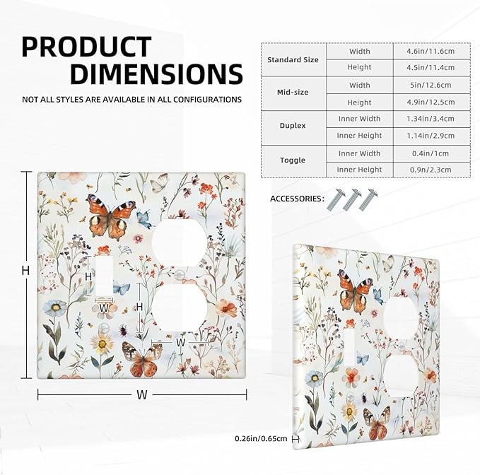 Wallplates Butterfly Floral Boho Multicolor Flower Leave 1 Toggle 1 Duplex Switch Plate Electrical GFCI Faceplate Decorative Light Switch Covers for Bed Room living Room Decor
