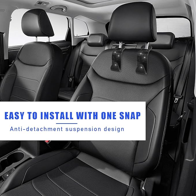 Ohleats 2 PCS Bling Car Seat Headrest Hooks, Crystal Rhinestone Back Seat Hanging Storage Organizer, Vehicle Seat Hanger Holder for Purse Handbag Coat, Interior Car Accessories (Black)