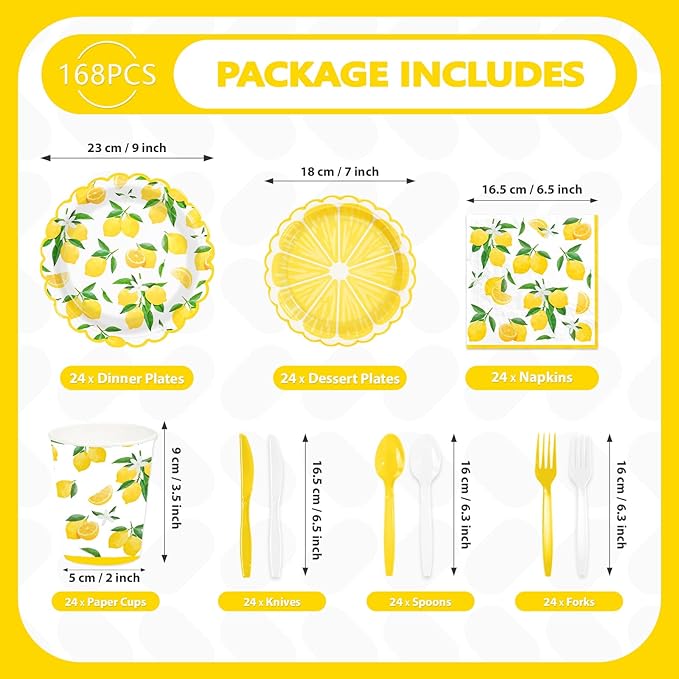 168 Pcs Lemon Party Decorations Yellow Lemons Scalloped Plates Napkins Cups Forks Knives Spoons Summer Lemon Fruit Theme Tableware Set for Spring Birthday Bridal Baby Shower Party Supplies Serves 24