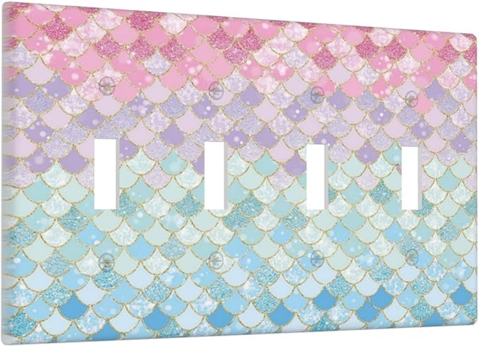 Colorful Mermaid Scales Quad Toggle Light Switch Cover Decorative Blue Cute 4 Gang Wall Plate Electrical Faceplate Switchplate for Bathroom Girls Bedroom Kids Baby Nursery Living Room Decor