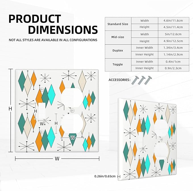 70s Abstract Boho Geometric Mid Century Atomic 2 Gang 1-GFCI/1-Duplex Combination Wall Plate Decorative Light Switch Outlet Wallplate Faceplate Cover