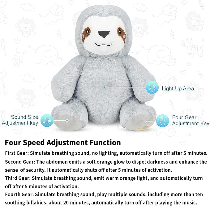rytopt Breathing Stuffed Animal, Upgraded Version, No Breathing Movement in Its Abdomen, Breathing Sloth, 4 Gear Adjustment, Volume Control, with Music & Lights