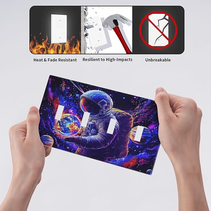 Astronaut Space Cool Galaxy Planet Light Switch Covers Quad Toggle Electrical Faceplate 4 Gang Wall Plate Decorative Switch Plates Cover for Kids Room Nursery Decor