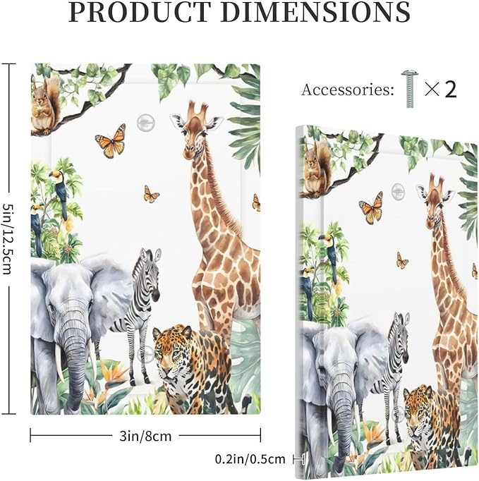Elephant Giraffe Jungle Animals Leopard Zoo Light Switch Cover Plate 1 Gang No Device Blank Electrical Wall Plates Faceplate Decorative Switch Plate Covers for Kids Room Nursery Decor
