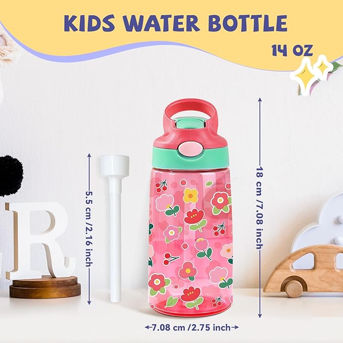14oz Florals Kids Water Bottle with Straw Lid - Colorful Flowers Water Bottles for Kids, Leakproof, Lightweight, Durable Plastic Bottles for School, Pop-Up Straw Cover, Gift Cup for Girls(Flower)