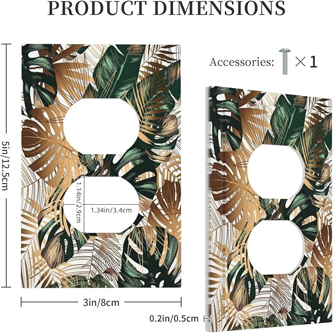 Green Tropical Leaves Gold Palm Leaf Botanical 1 Gang Outlet Plate Decorative Single Duplex Wall Plate Covers Unique Electrical Receptacle Light Switch Cover Faceplate Switchplate for Bedroom Decor