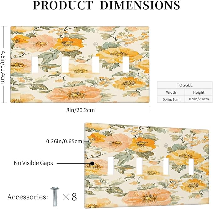Light Switch Cover Plate Vintage Floral Pastel Flower Pattern 4 Gang Quad Toggle Wall Plate Electrical Outlet Cover Decorative Switch Plate Covers for Bedroom Cabin Decor