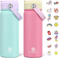 GoKEDA 18oz Kids Water Bottle, 2 Pack Insulated Bottles with Stickers, 18/8 Stainless Steel Vacuum Leak Proof Straw Cup for School, Gifts for Boys Girls(YelloPink+PurpleGreen)