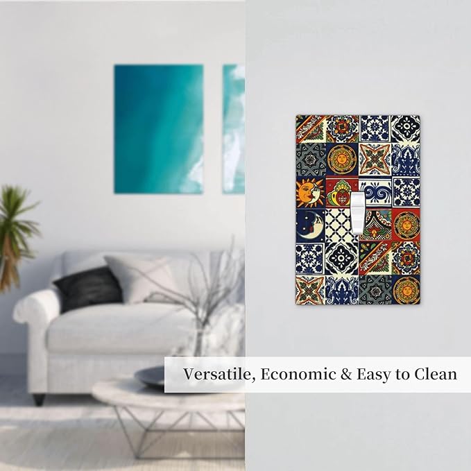 Kitchen Blue/Red Boho Sun Mexican Talavera Tile Decorative Light Switch Cover 1-Gang Bohemian Moroccan Mosaic Tiles Single Toggle Wall Plate Electrical Device Outlet Switch Faceplate Cover Jumbo Size