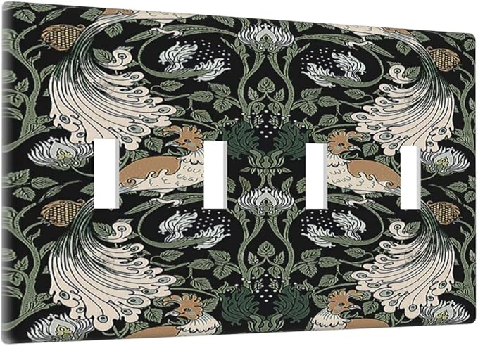 Light Switch Covers William Morris Vintage Floral Plants And Birds Quad Toggle 4 Gang Wall Plate Electrical Faceplate Decorative Switch Plates for Bedroom Home Decor