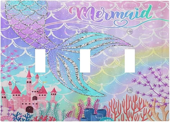 Silvery Glitter Cute Mermaid Tail Fantasy Castle 3 Gang Light Switch Covers Triple Toggle Wall Plate Decorative Switchplate Electrical Faceplate for Kidroom Nursery Bedroom Kitchen Decor