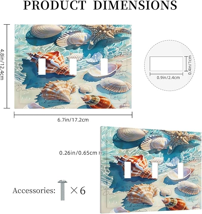 Decorative Switch Plates Ocean Waves Starfish Conch Scallop Shell 3 Gang Wall Plate Triple Toggle Light Switch Cover Faceplate Electrical Wall Panels For Kids Room Nursery Decor