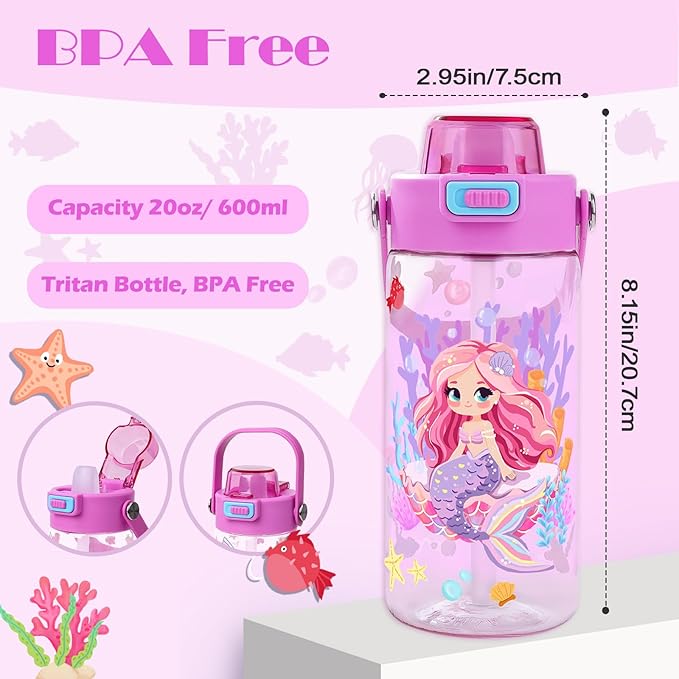 Queenshin Girls Mermaid Water Bottle for School 20oz BPA-Free Tritan Outdoor Kids Sports Water Cup Leak Proof with Straw Lid Handle Pop-Up Spout Cover